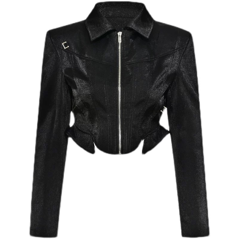 Kybecs | Women’s Cropped Street Style Motorcycle Jacket with Structured Shoulders and Bell Sleeves