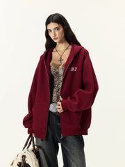 Kybecs | Embroidered Hooded Zip Cardigan Loose Casual Jacket Unisex