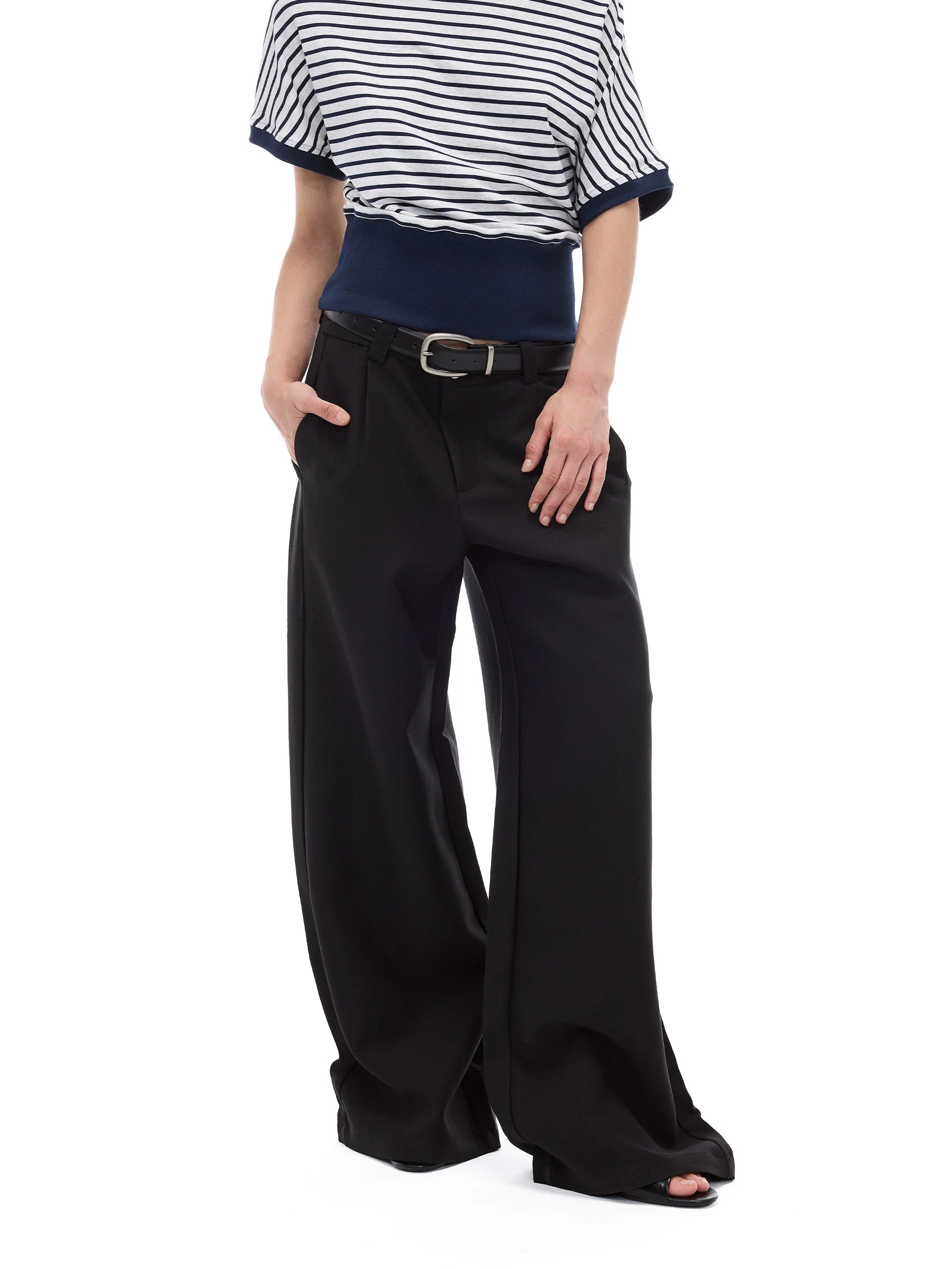 Kybecs| Black Pleated Wide-Leg Trousers for Women – Low-Waist Loose Casual Pants with Dark Pattern Design