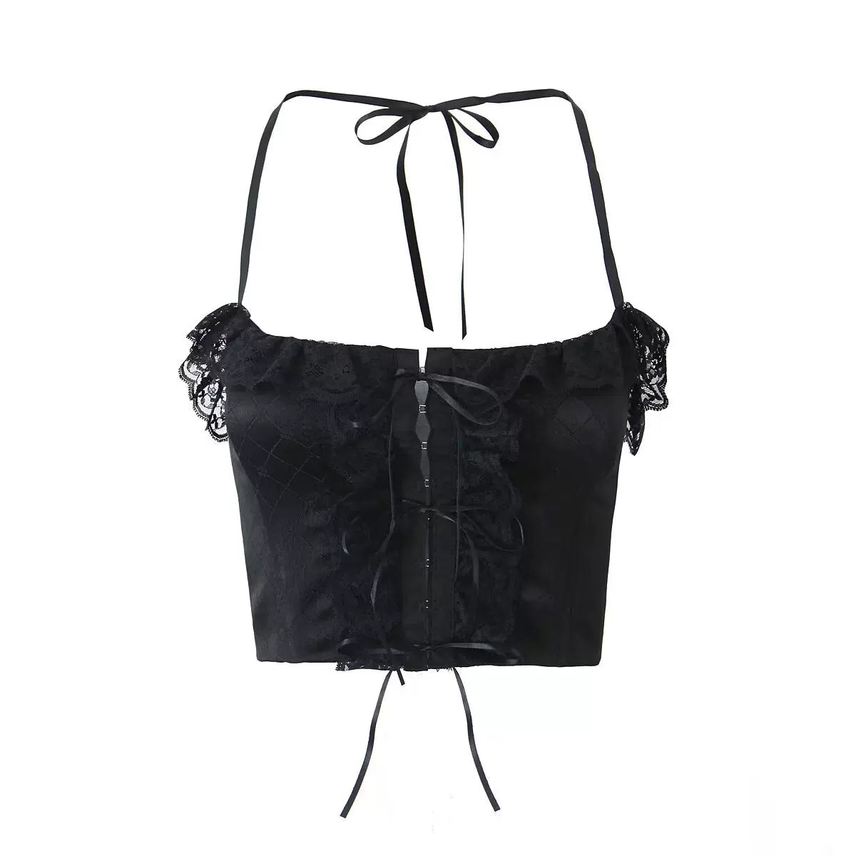 Kybecs| Women’s Black Lace Pleated Low-Waist Slim Flared Pants with Drawstring Waist