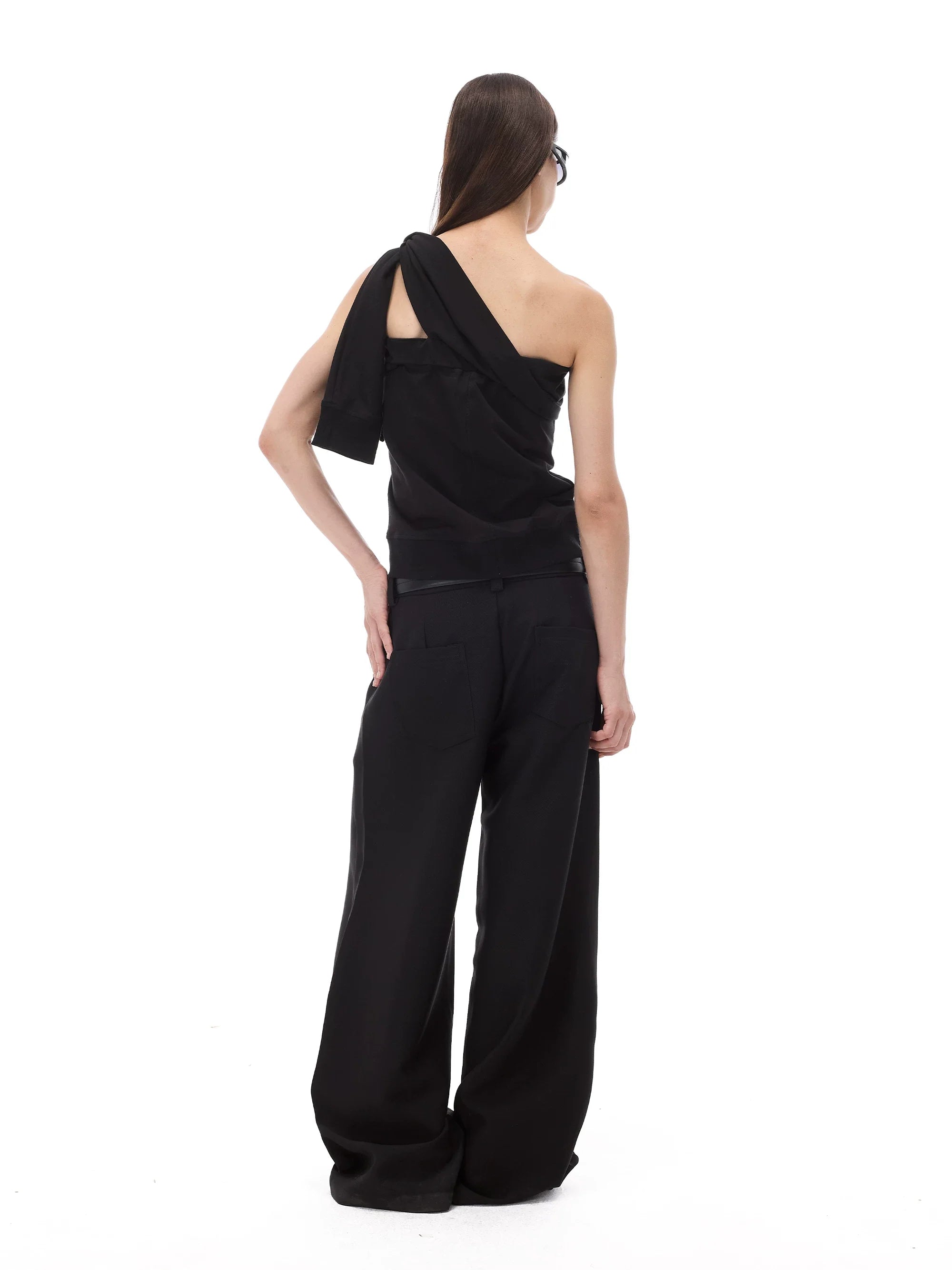 Kybecs| Black Pleated Wide-Leg Trousers for Women – Low-Waist Loose Casual Pants with Dark Pattern Design