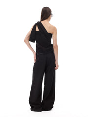 Kybecs| Black Pleated Wide-Leg Trousers for Women – Low-Waist Loose Casual Pants with Dark Pattern Design
