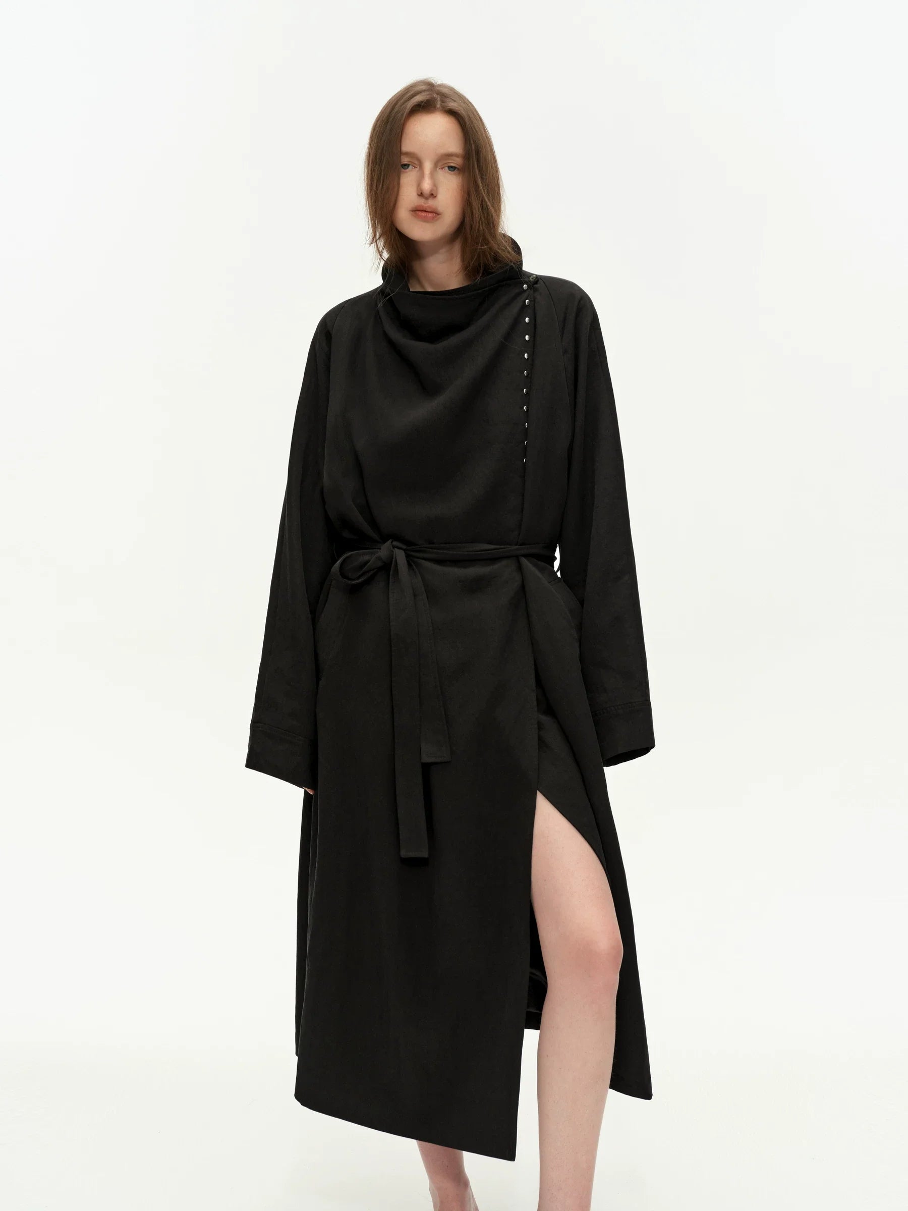 Kybecs| Women’s Draped Long Trench Coat – Elegant Oversized Outerwear