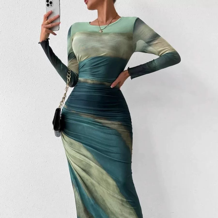 Kybecs| Tie-Dye Pleated Slim Fit maxi Dress for Women – Elegant Long Sleeve Commuter Style