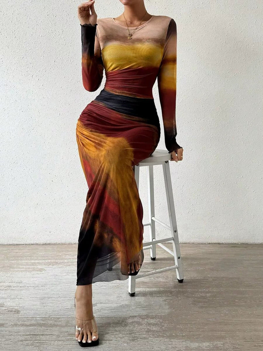 Kybecs| Tie-Dye Pleated Slim Fit maxi Dress for Women – Elegant Long Sleeve Commuter Style