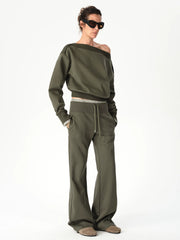 Kybecs| Women’s Casual Wide-Leg Drawstring Pants – Elastic Waist Loose Fit Trousers in Olive Green