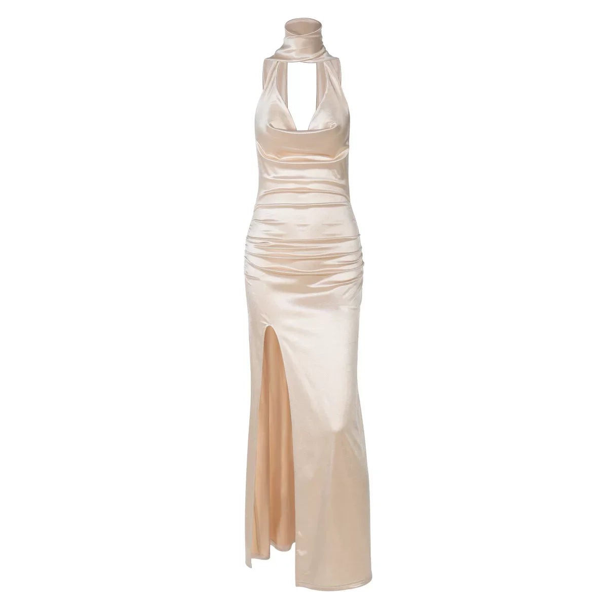 Kybecs| Deep V Halterneck Backless Midi Dress for Women – High Slit Flowing Long Skirt
