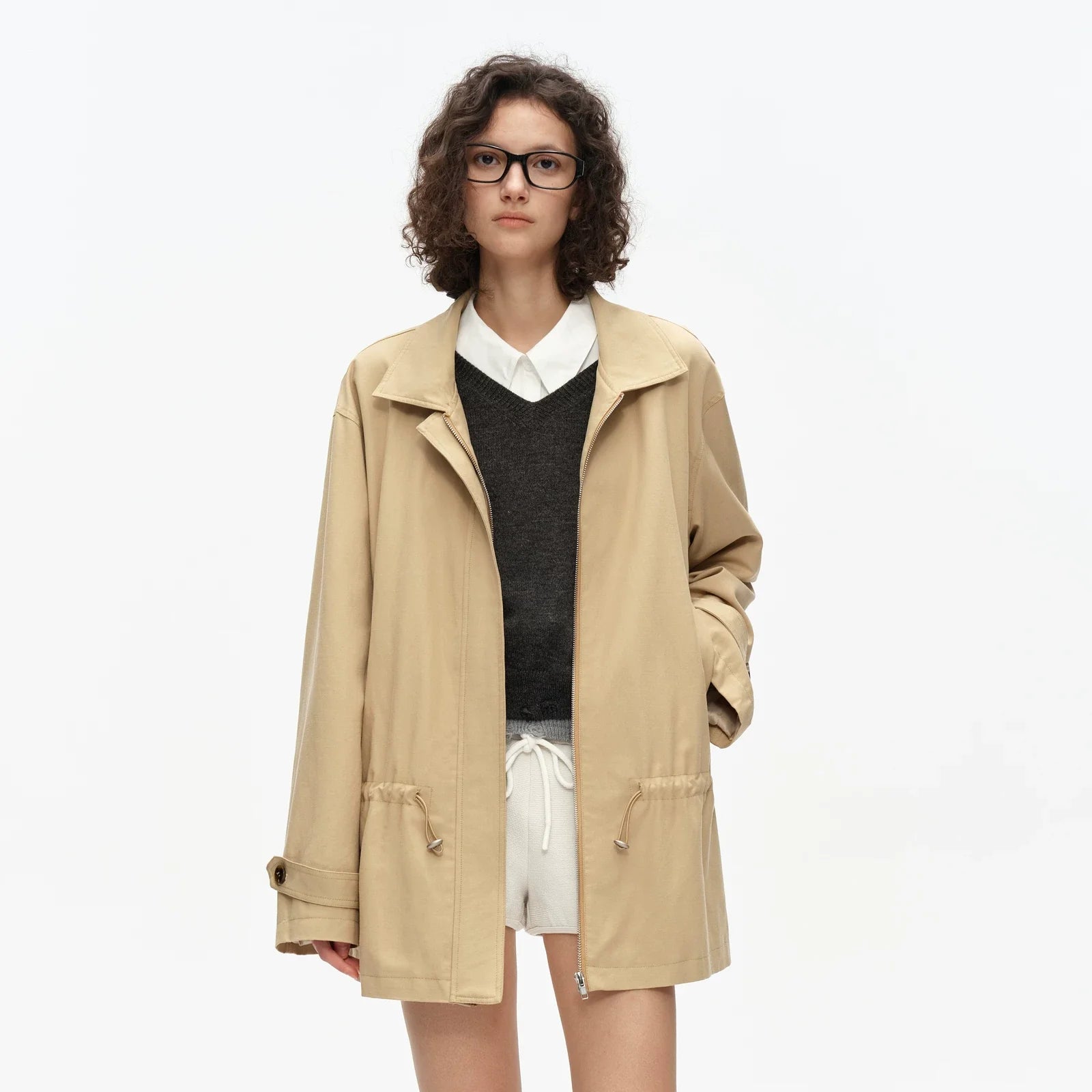 Kybecs| Women’s Tencel Work Jacket – Slim Drawstring Waist Casual Khaki Short Jacket