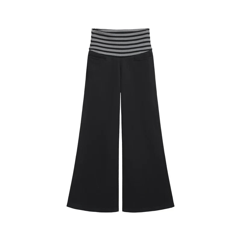 Kybecs| Women’s High-Waist Wide-Leg Casual Pants with Striped Elastic Waistband