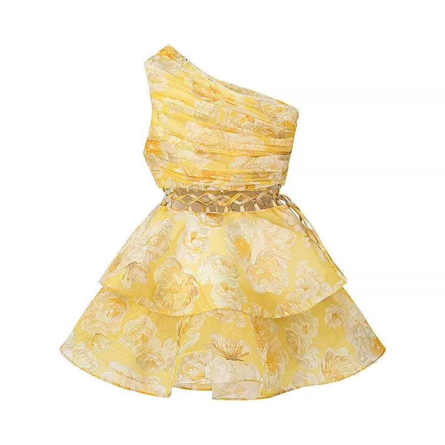 Kybecs| One-Shoulder Floral Hollow-Waist Midi Dress for Women – Puffy Skirt Summer Dress