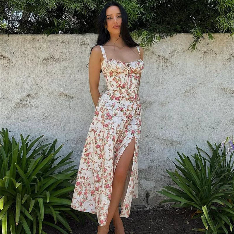 Kybecs| Retro Print Strappy Backless Midi Dress for Women – Side Slit Slim Fit Design