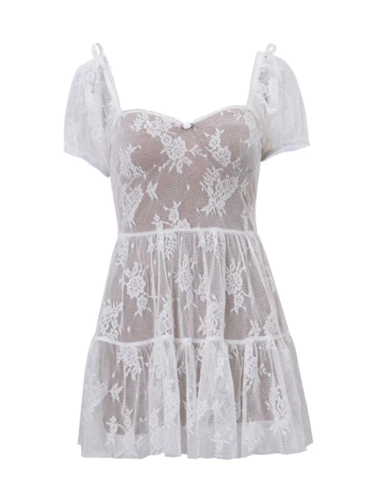 Kybecs | Retro Lace Hollow Square Neck Short Sleeve Ballet Dress