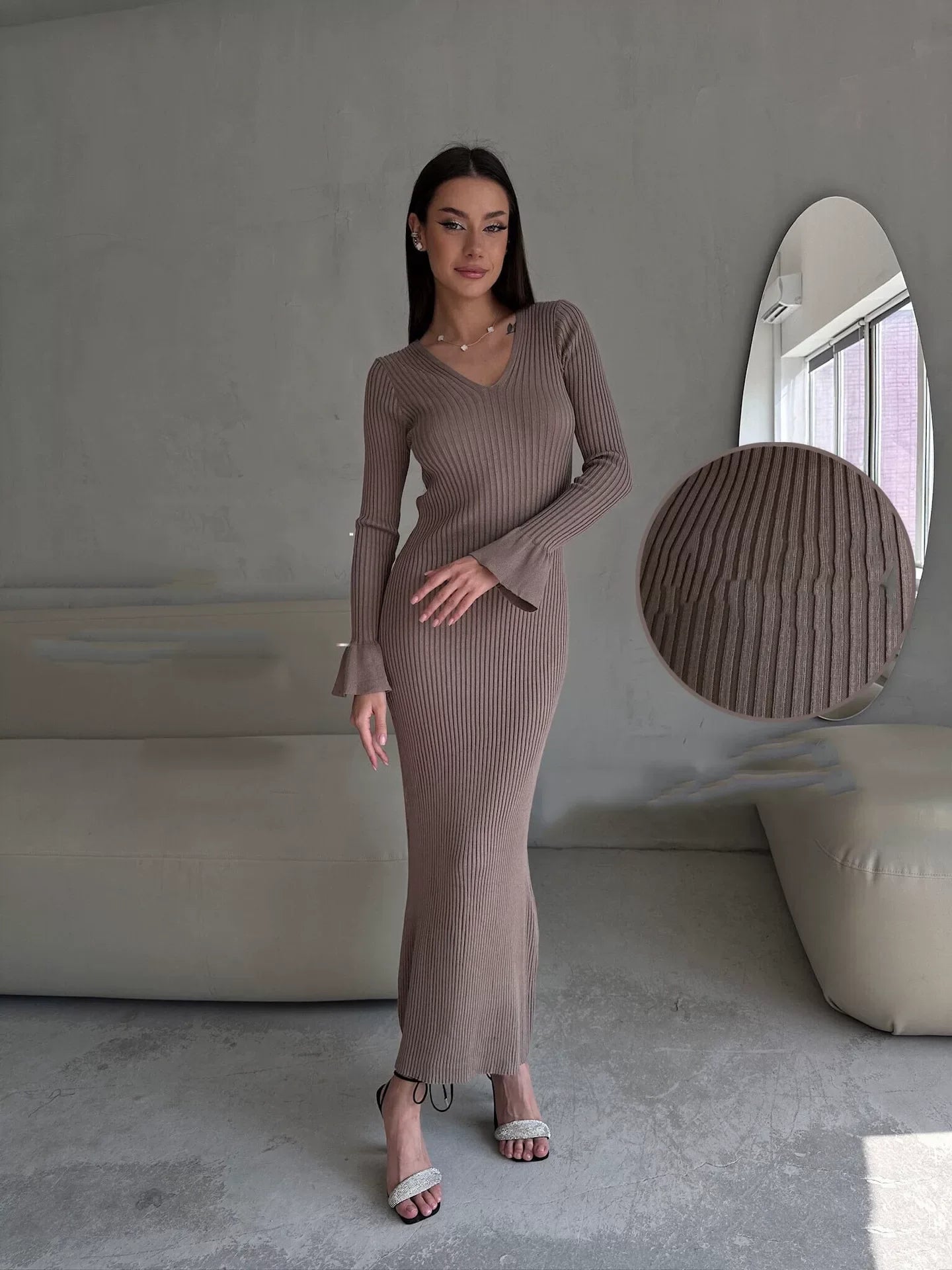 Kybecs| V-Neck Long Sleeve Knit Maxi Dress for Women – Slim Fit Autumn & Winter Style