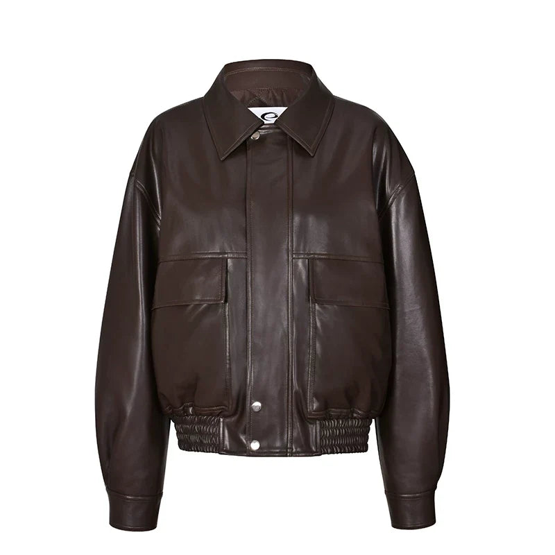 Kybecs| Women’s Brown PU Leather Zipper Jacket – Loose Fit Washed Leather Streetwear Coat