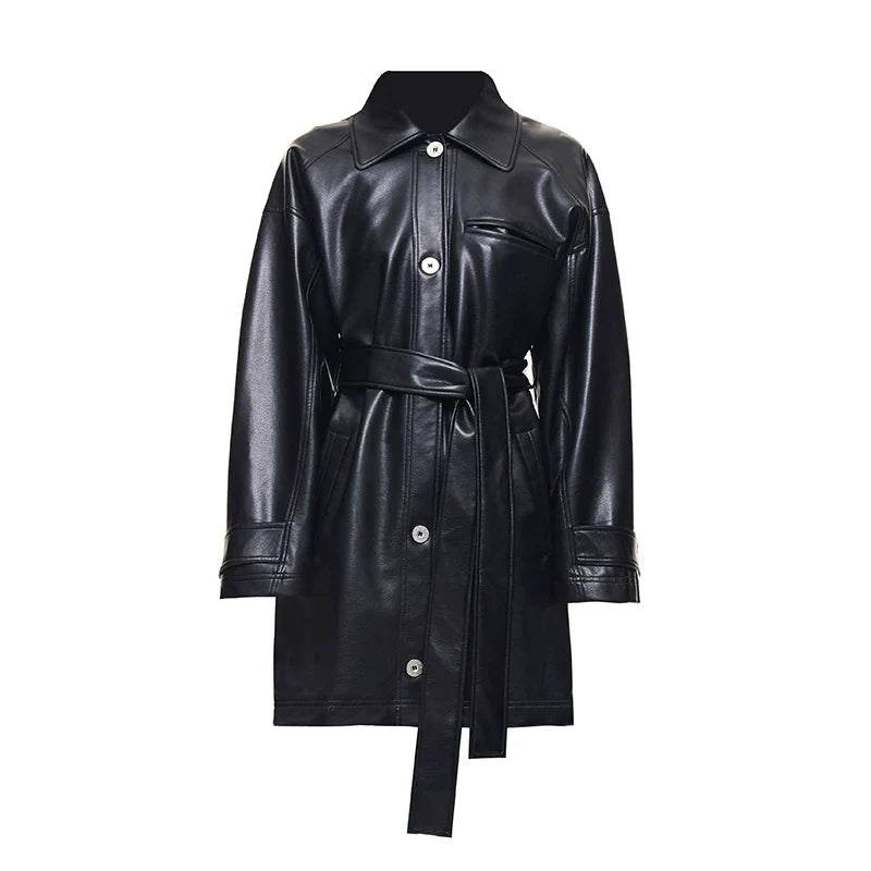 Kybecs | Women’s Black Mid-Length PU Leather Windbreaker with Lace-Up Detail