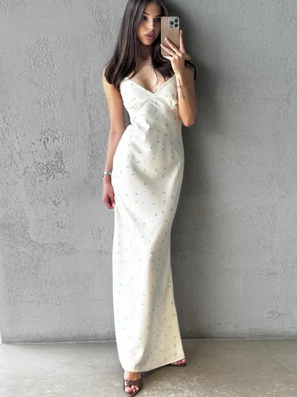Kybecs| Small Floral V-Neck Strappy Midi Dress for Women – Slim Waist Long Skirt