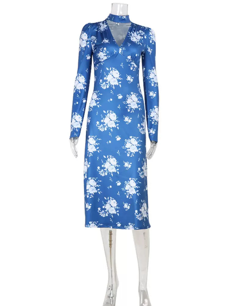 Kybecs| Blue Floral V-Neck Long-Sleeve Midi Dress for Women – Slim Fit Long Skirt