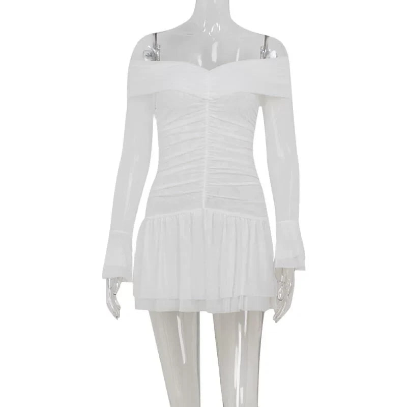 Kybecs| One-Shoulder Pleated Waist Midi Dress for Women – Trumpet Sleeve Double-Hem Dress