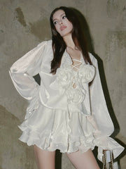 Kybecs | Shallow Sea Satin Floral Layered Shirt mini Dress Bright Silk
